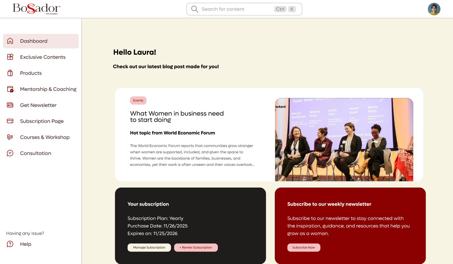 Bossador Dashboard — your private community space